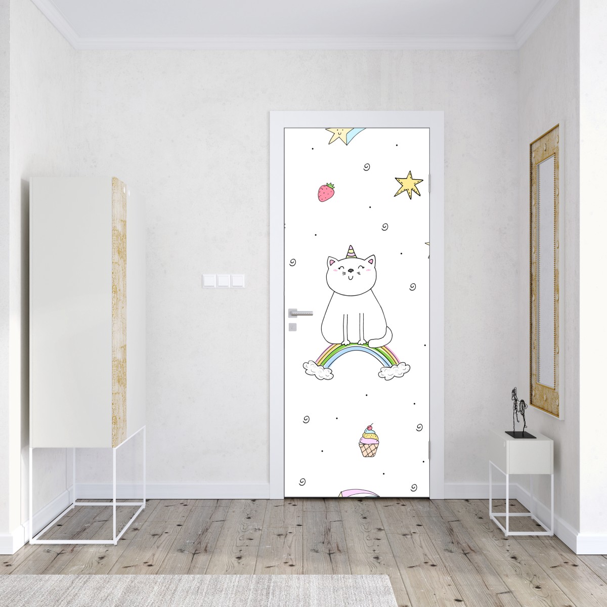 Naklejka na drzwi pastelowy kot jednorożec na tęczy – Wallissimo® Naklejka na drzwi pastelowy kot jednorożec na tęczy – Wallissimo®