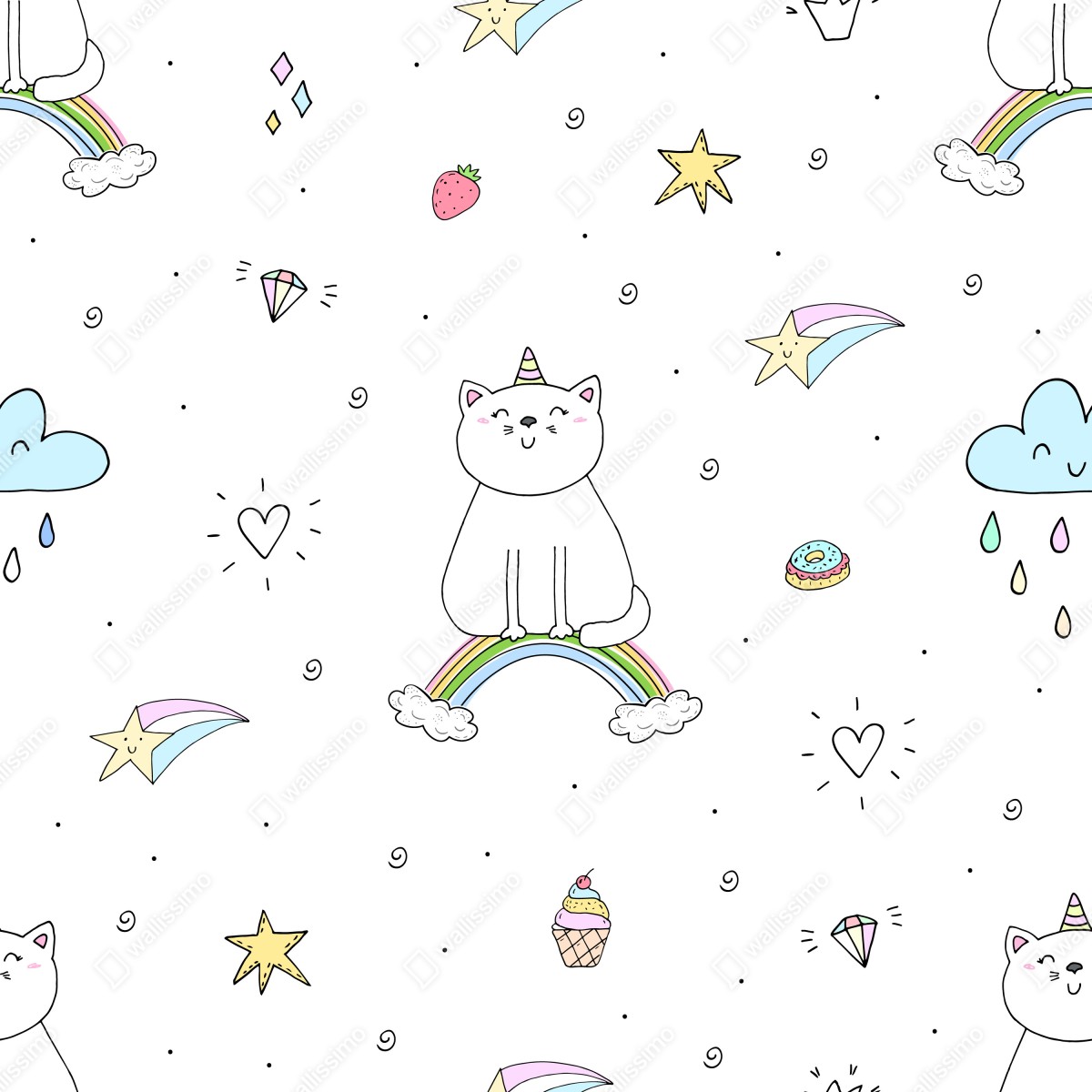 Naklejka na drzwi pastelowy kot jednorożec na tęczy – Wallissimo® Naklejka na drzwi pastelowy kot jednorożec na tęczy – Wallissimo®