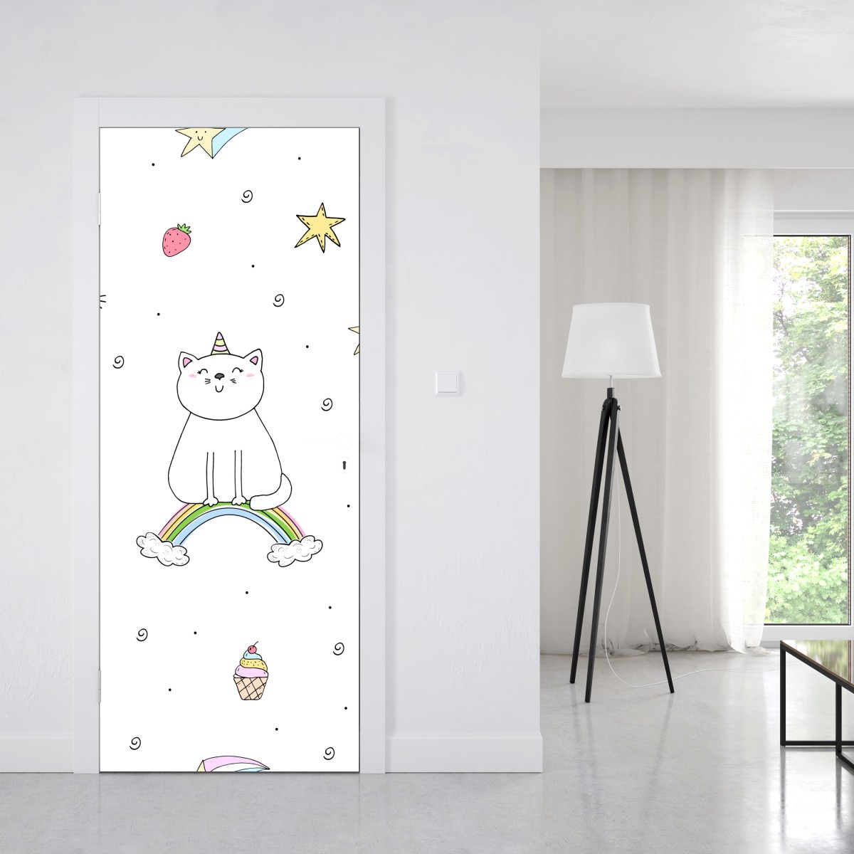 Naklejka na drzwi pastelowy kot jednorożec na tęczy – Wallissimo® Naklejka na drzwi pastelowy kot jednorożec na tęczy – Wallissimo®