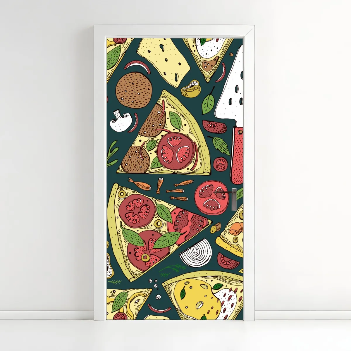 Naklejka na drzwi kolorowy wzór plasterków pizzy – Wallissimo® Naklejka na drzwi kolorowy wzór plasterków pizzy – Wallissimo®