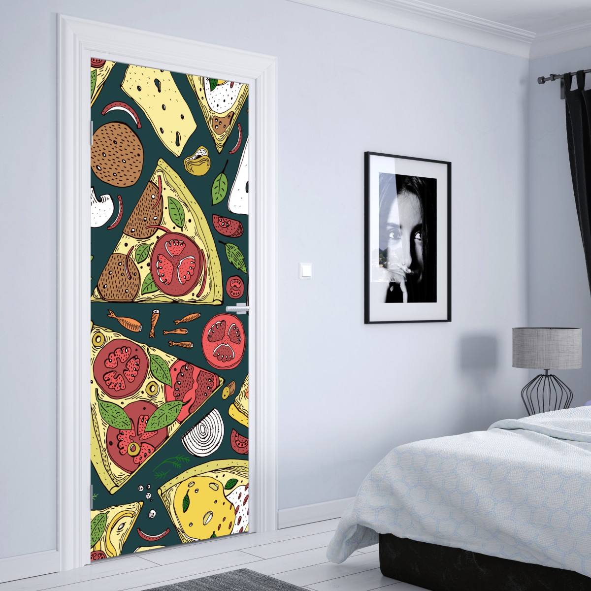 Naklejka na drzwi kolorowy wzór plasterków pizzy – Wallissimo® Naklejka na drzwi kolorowy wzór plasterków pizzy – Wallissimo®