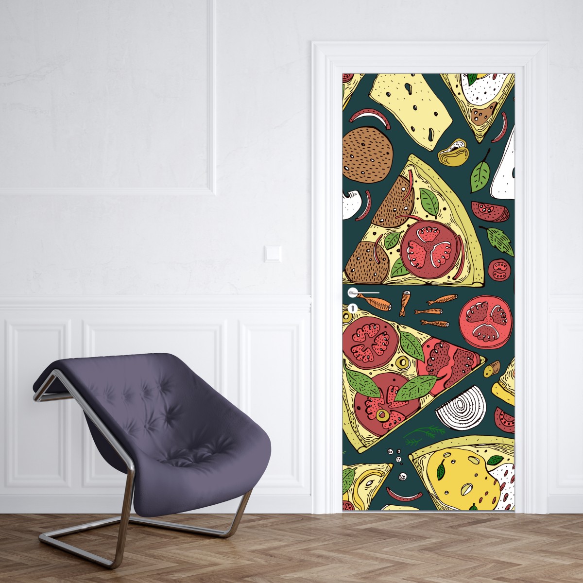 Naklejka na drzwi kolorowy wzór plasterków pizzy – Wallissimo® Naklejka na drzwi kolorowy wzór plasterków pizzy – Wallissimo®