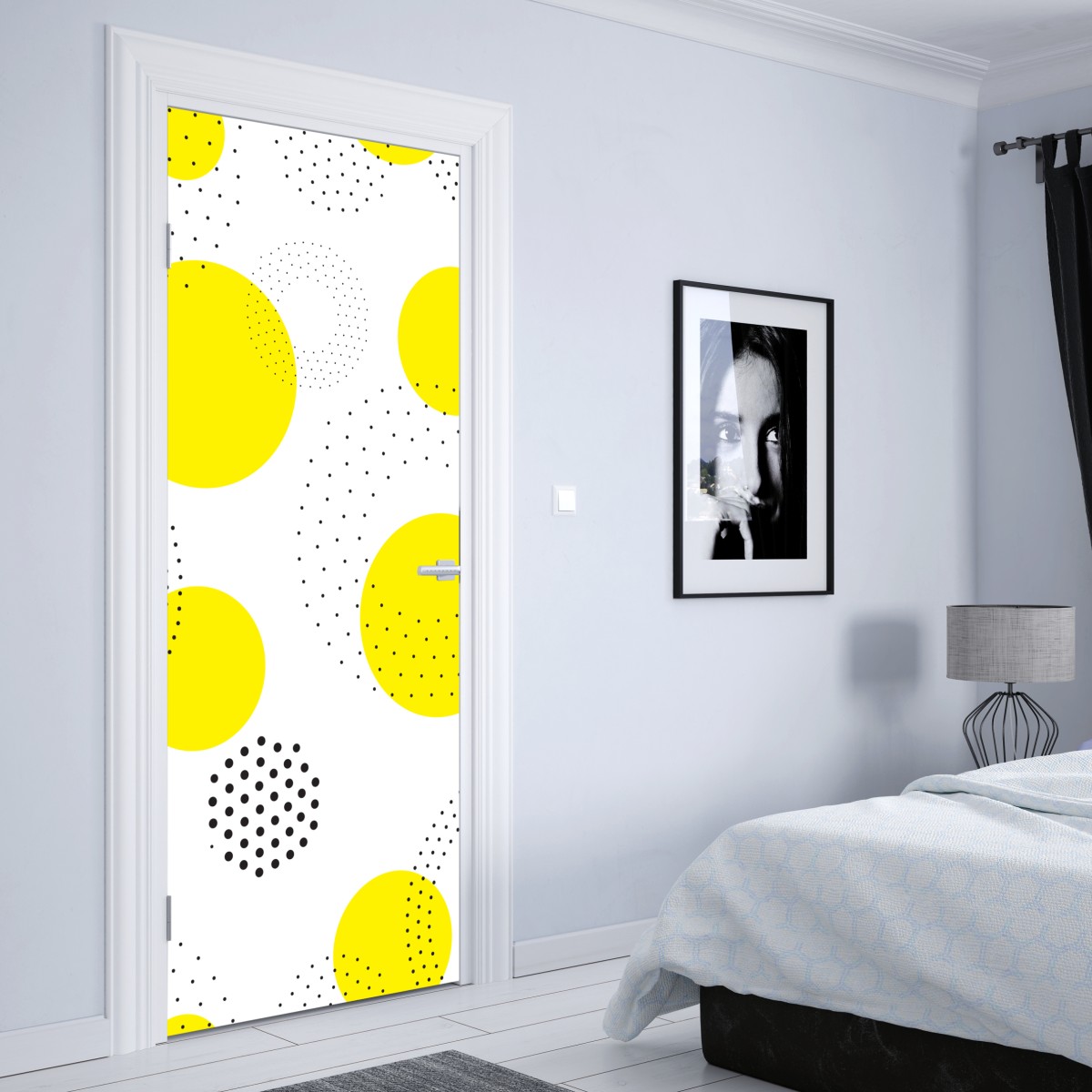 Naklejka na drzwi jasny żółty wzór w kropki do pokoju – Wallissimo® Naklejka na drzwi jasny żółty wzór w kropki do pokoju – Wallissimo®
