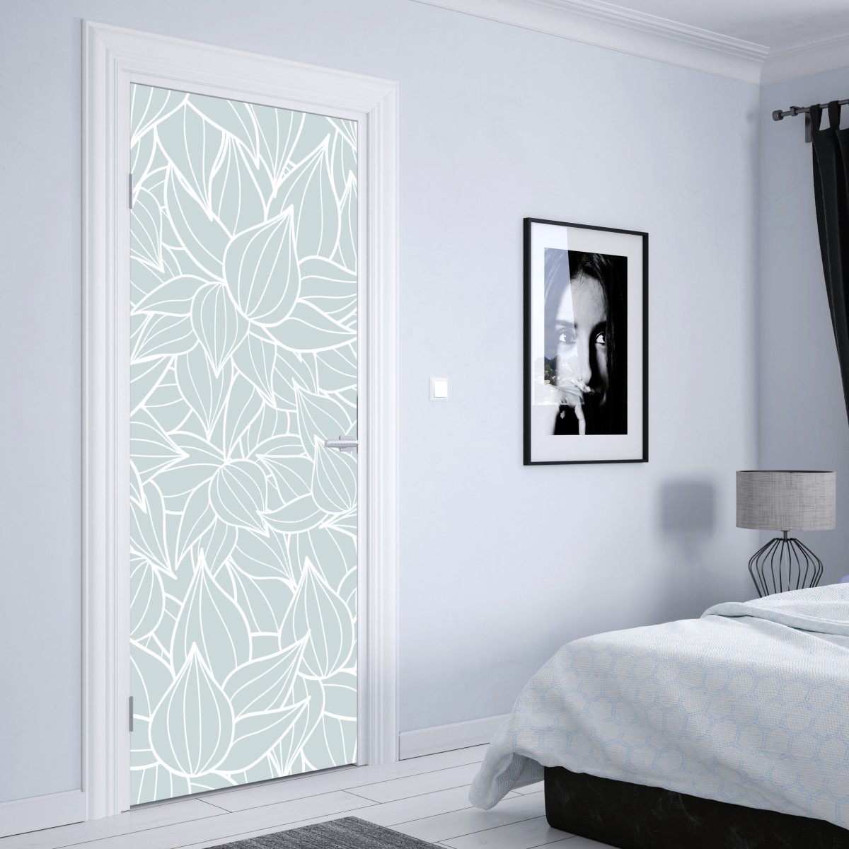 Naklejka na drzwi delikatny turkusowy wzór liści – Wallissimo® Naklejka na drzwi delikatny turkusowy wzór liści – Wallissimo®