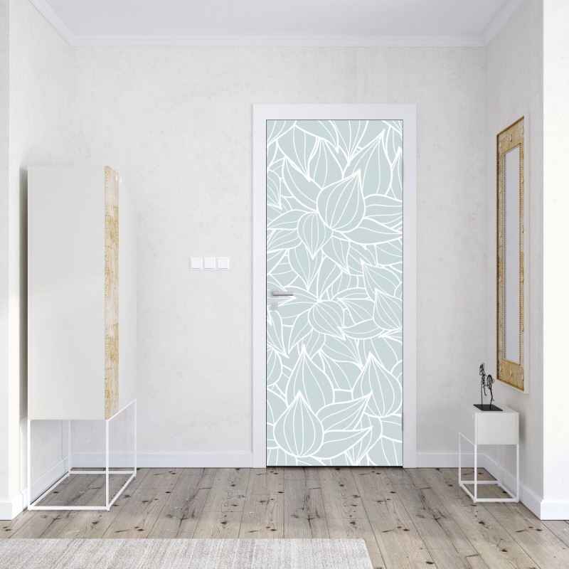 Naklejka na drzwi delikatny turkusowy wzór liści – Wallissimo® Naklejka na drzwi delikatny turkusowy wzór liści – Wallissimo®