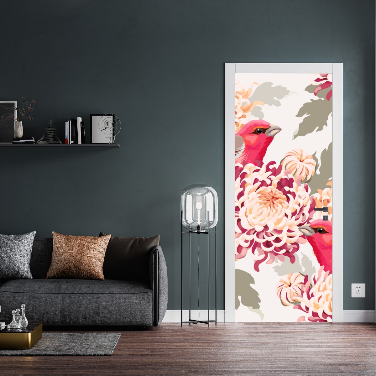 Naklejka na drzwi różowe ptaki i wzór z chryzantemami – Wallissimo® Naklejka na drzwi różowe ptaki i wzór z chryzantemami – Wallissimo®