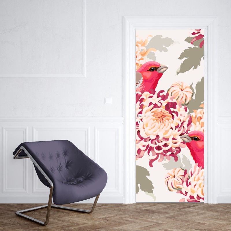 Naklejka na drzwi różowe ptaki i wzór z chryzantemami – Wallissimo® Naklejka na drzwi różowe ptaki i wzór z chryzantemami – Wallissimo®