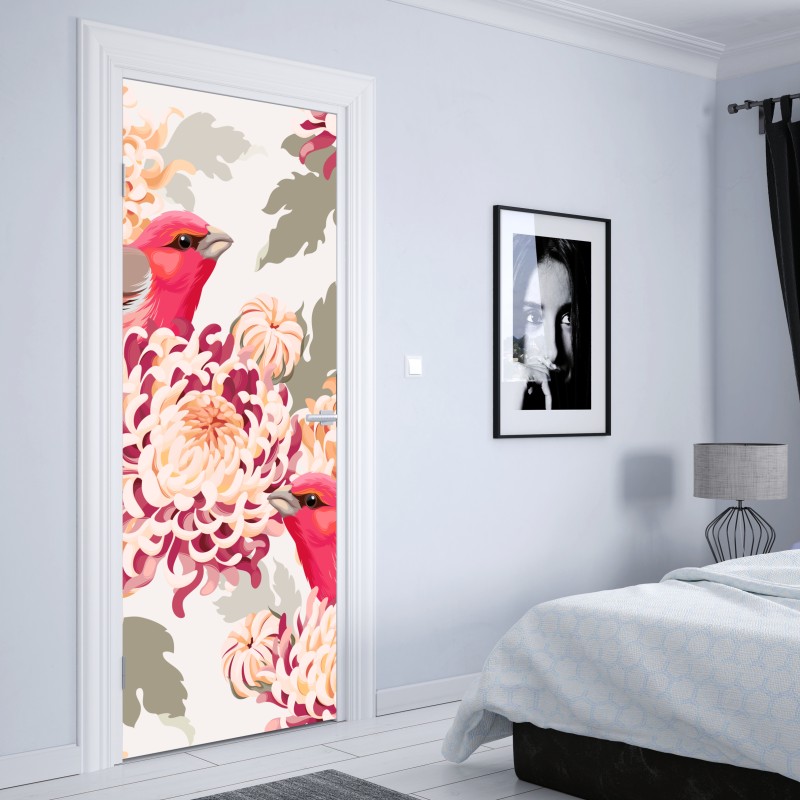 Naklejka na drzwi różowe ptaki i wzór z chryzantemami – Wallissimo® Naklejka na drzwi różowe ptaki i wzór z chryzantemami – Wallissimo®