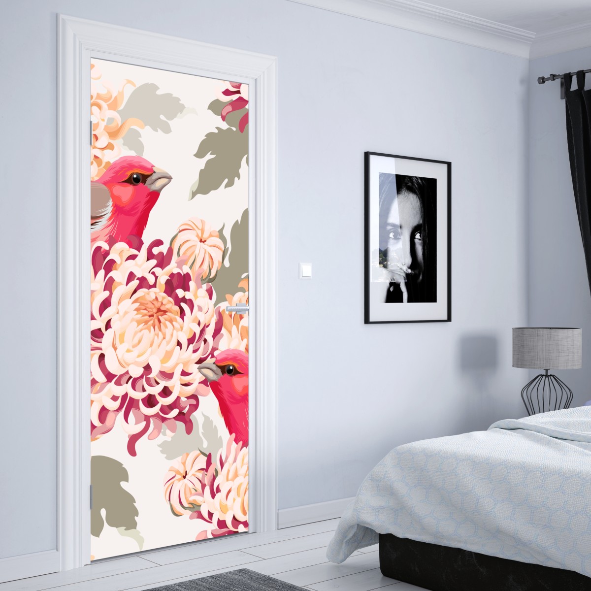Naklejka na drzwi różowe ptaki i wzór z chryzantemami – Wallissimo® Naklejka na drzwi różowe ptaki i wzór z chryzantemami – Wallissimo®