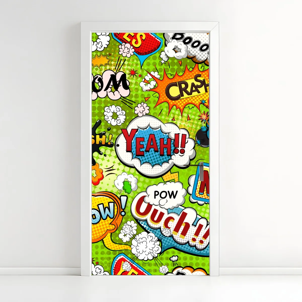 Naklejka na drzwi żywy kolaż komiksowy w stylu pop-art – Wallissimo® Naklejka na drzwi żywy kolaż komiksowy w stylu pop-art – Wallissimo®