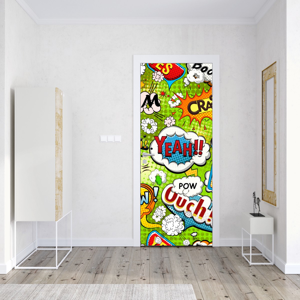 Naklejka na drzwi żywy kolaż komiksowy w stylu pop-art – Wallissimo® Naklejka na drzwi żywy kolaż komiksowy w stylu pop-art – Wallissimo®