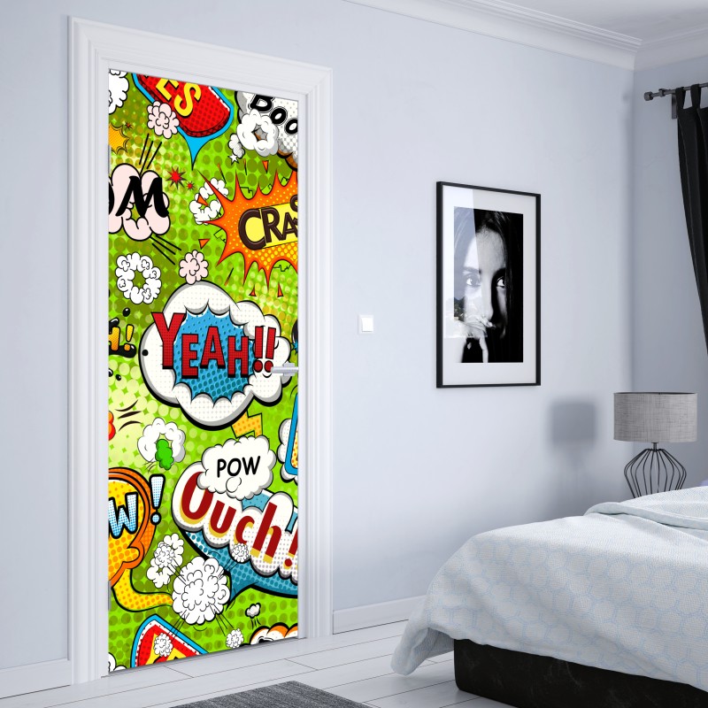 Naklejka na drzwi żywy kolaż komiksowy w stylu pop-art – Wallissimo® Naklejka na drzwi żywy kolaż komiksowy w stylu pop-art – Wallissimo®