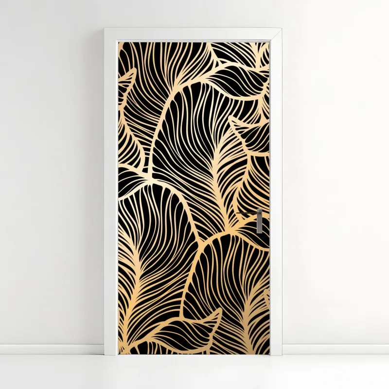 Naklejka na drzwi złoty wzór liści na czarnym tle