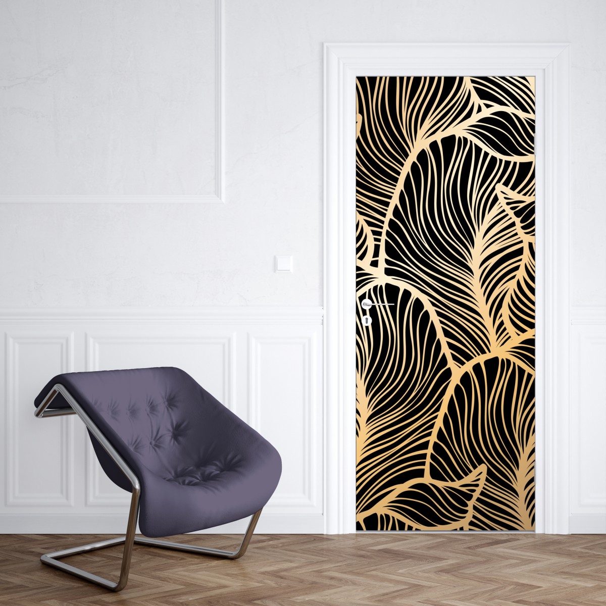 Naklejka na drzwi złoty wzór liści na czarnym tle – Wallissimo® Naklejka na drzwi złoty wzór liści na czarnym tle – Wallissimo®