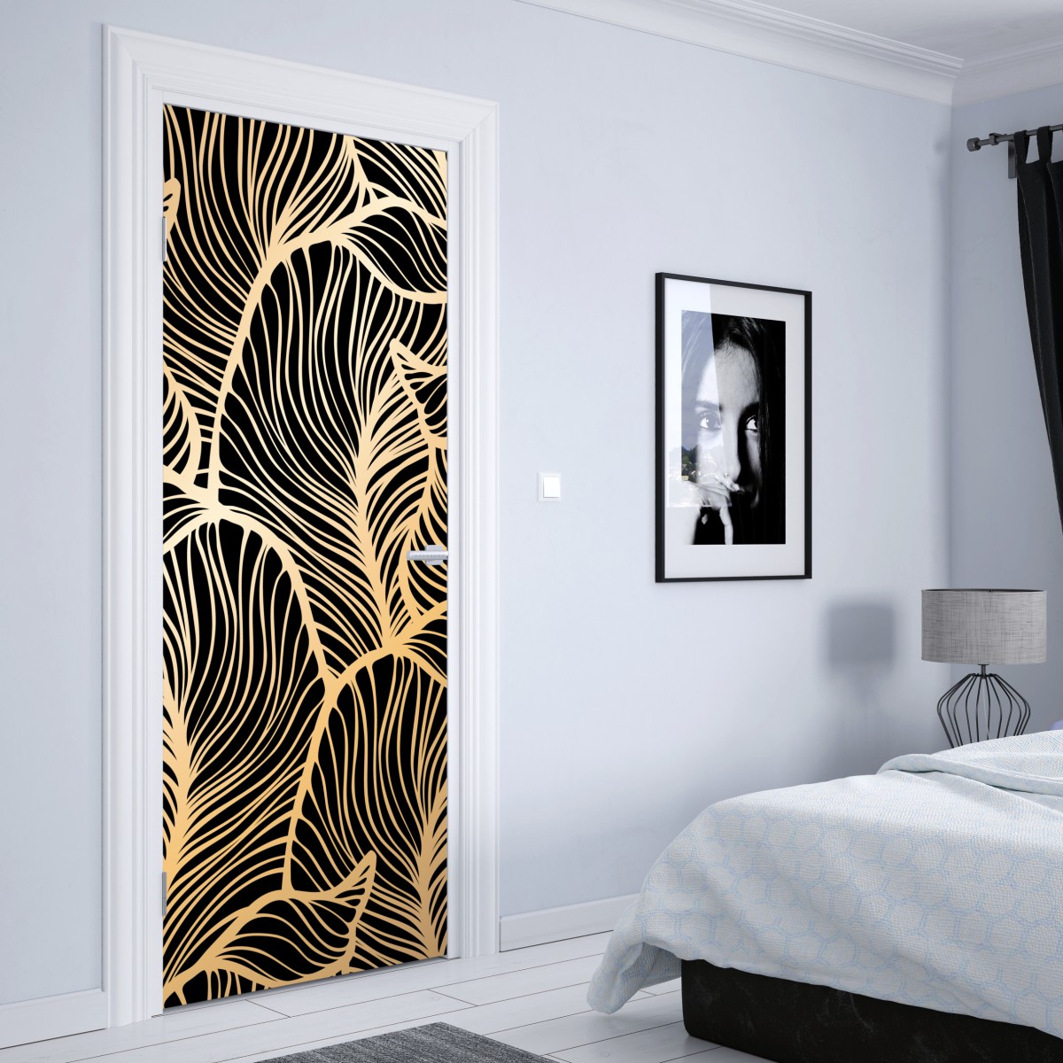 Naklejka na drzwi złoty wzór liści na czarnym tle – Wallissimo® Naklejka na drzwi złoty wzór liści na czarnym tle – Wallissimo®