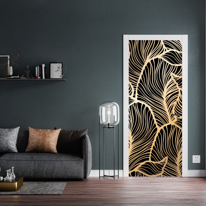 Naklejka na drzwi złoty wzór liści na czarnym tle – Wallissimo® Naklejka na drzwi złoty wzór liści na czarnym tle – Wallissimo®
