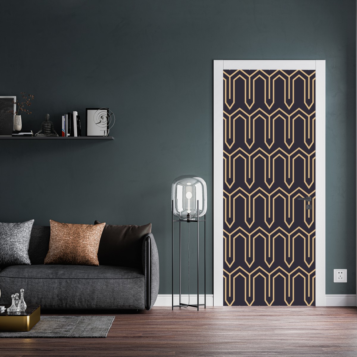 Naklejka na drzwi art deco geometryczny wzór w złocie na czarnym tle – Wallissimo® Naklejka na drzwi art deco geometryczny wzór w złocie na czarnym tle – Wallissimo®