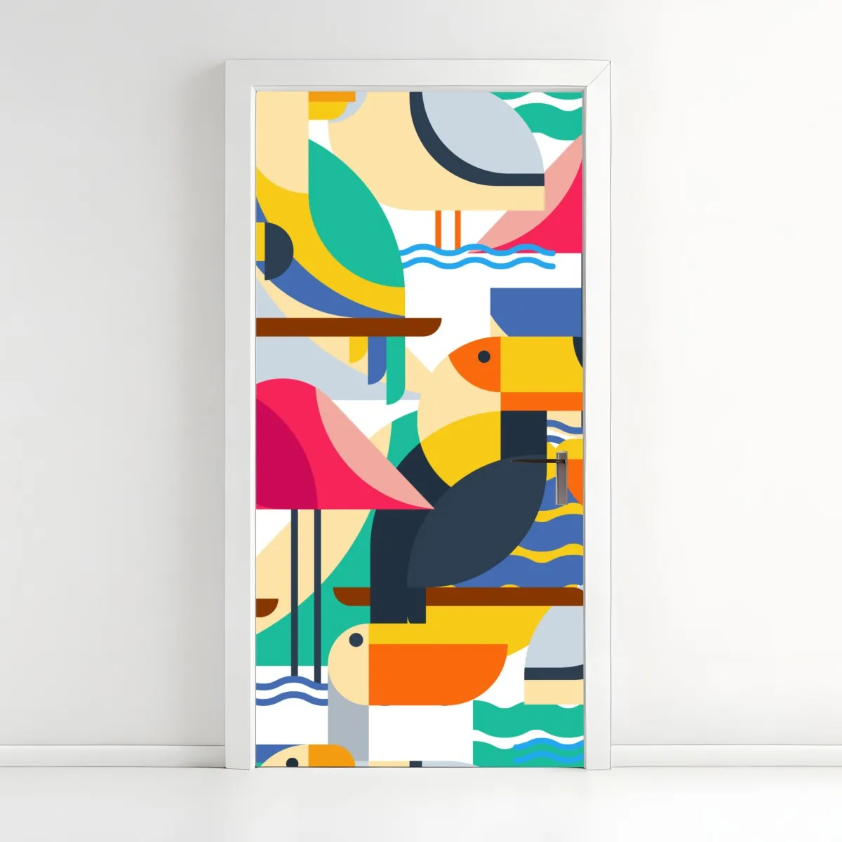 Naklejka na drzwi tropikalny geometryczny wzór ptaków – Wallissimo® Naklejka na drzwi tropikalny geometryczny wzór ptaków – Wallissimo®