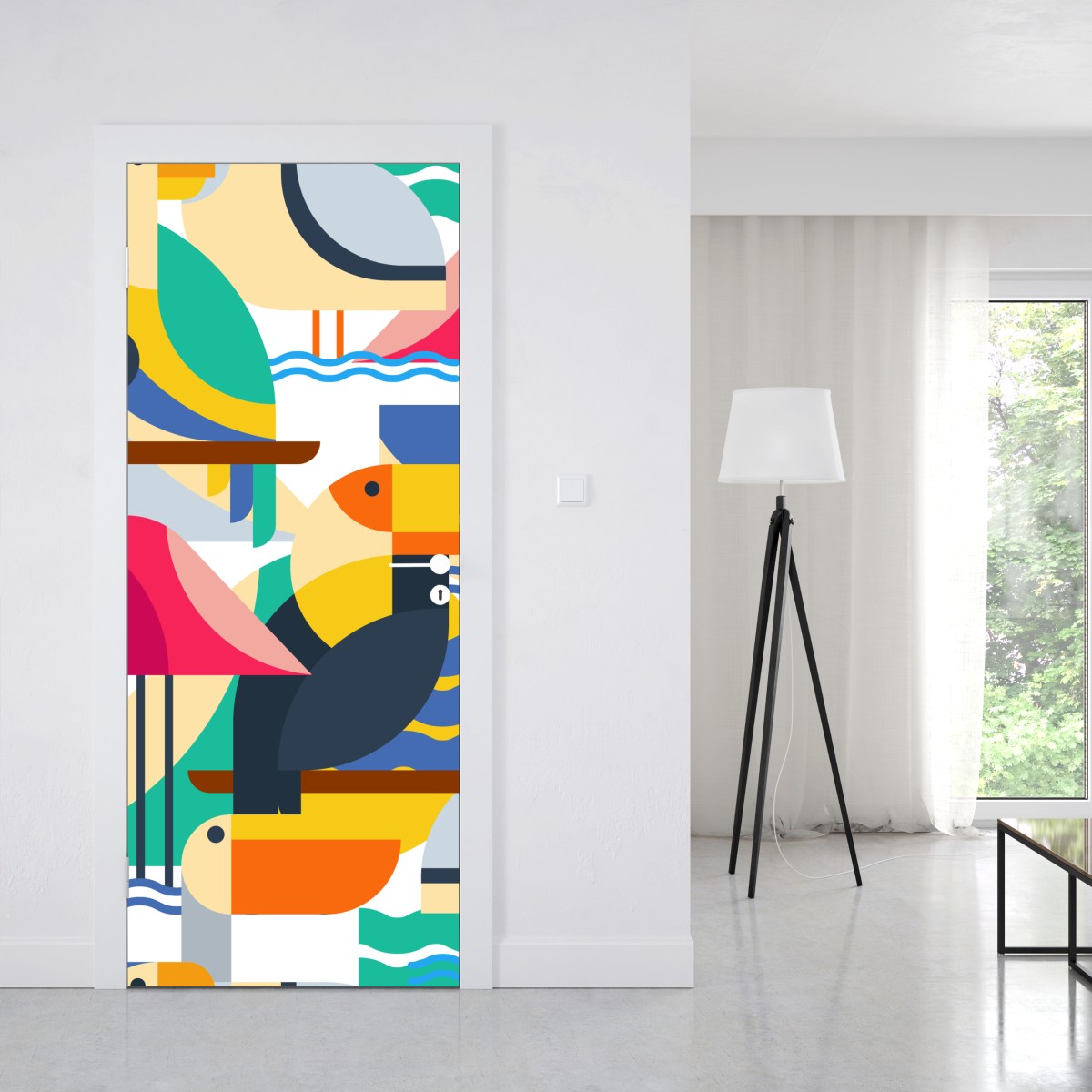 Naklejka na drzwi tropikalny geometryczny wzór ptaków – Wallissimo® Naklejka na drzwi tropikalny geometryczny wzór ptaków – Wallissimo®