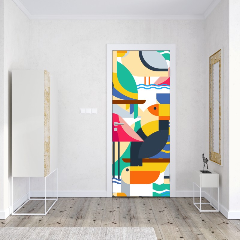 Naklejka na drzwi tropikalny geometryczny wzór ptaków – Wallissimo® Naklejka na drzwi tropikalny geometryczny wzór ptaków – Wallissimo®