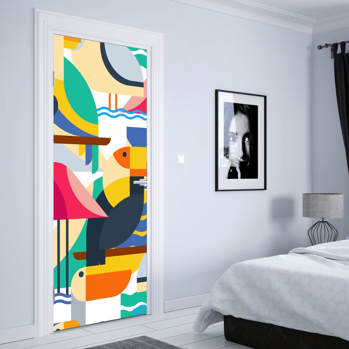 Naklejka na drzwi tropikalny geometryczny wzór ptaków – Wallissimo® Naklejka na drzwi tropikalny geometryczny wzór ptaków – Wallissimo®