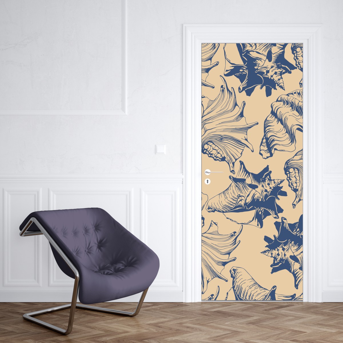 Naklejka na drzwi wzór z muszlami w granacie i beżu – Wallissimo® Naklejka na drzwi wzór z muszlami w granacie i beżu – Wallissimo®