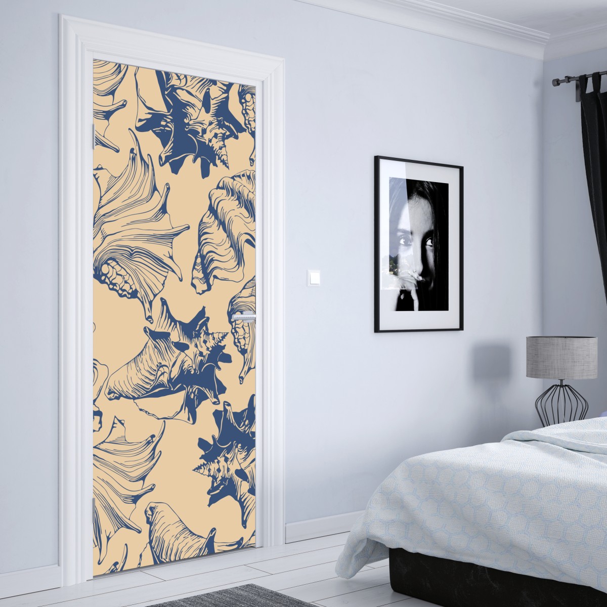 Naklejka na drzwi wzór z muszlami w granacie i beżu – Wallissimo® Naklejka na drzwi wzór z muszlami w granacie i beżu – Wallissimo®