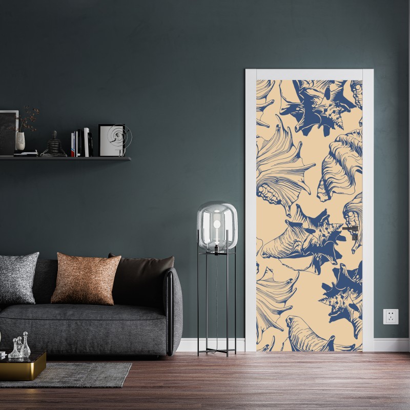 Naklejka na drzwi wzór z muszlami w granacie i beżu – Wallissimo® Naklejka na drzwi wzór z muszlami w granacie i beżu – Wallissimo®