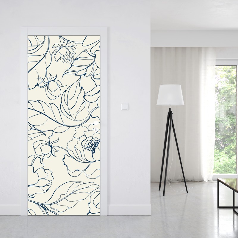 Naklejka na drzwi ręcznie rysowany granatowy wzór kwiatowy na kremowym tle – Wallissimo® Naklejka na drzwi ręcznie rysowany granatowy wzór kwiatowy na kremowym tle – Wallissimo®