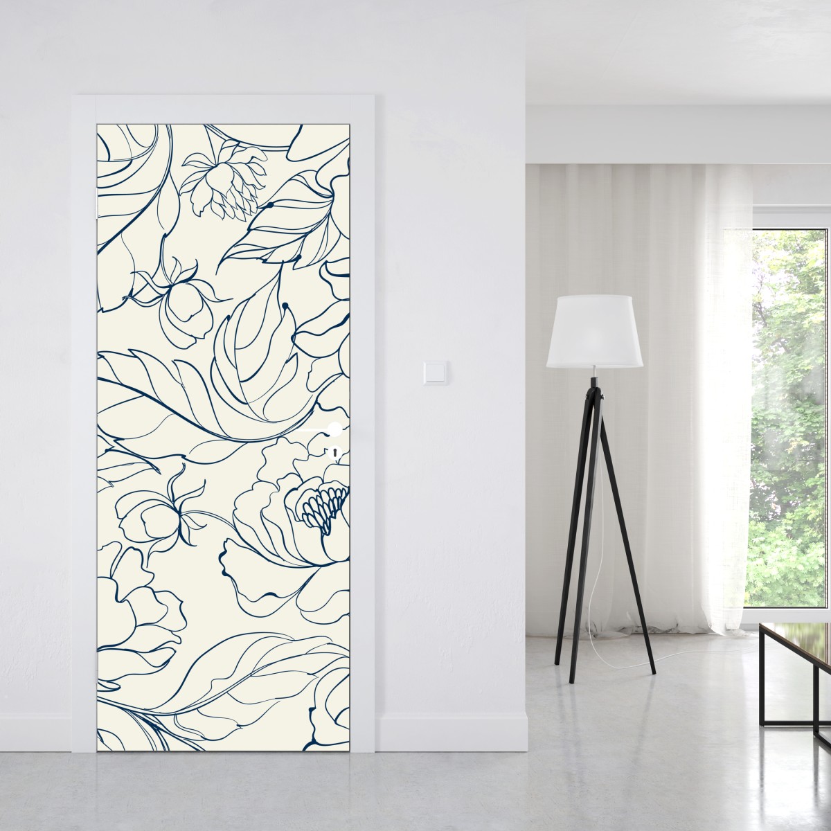 Naklejka na drzwi ręcznie rysowany granatowy wzór kwiatowy na kremowym tle – Wallissimo® Naklejka na drzwi ręcznie rysowany granatowy wzór kwiatowy na kremowym tle – Wallissimo®