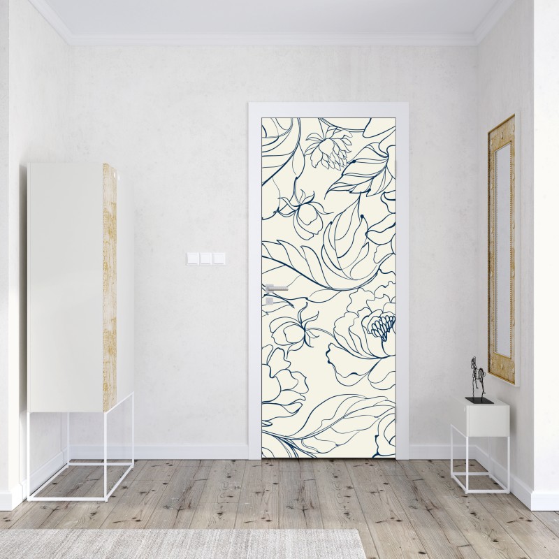 Naklejka na drzwi ręcznie rysowany granatowy wzór kwiatowy na kremowym tle – Wallissimo® Naklejka na drzwi ręcznie rysowany granatowy wzór kwiatowy na kremowym tle – Wallissimo®