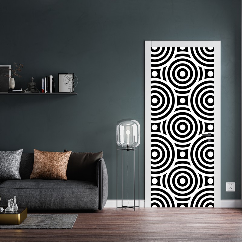 Naklejka na drzwi czarno-biały wzór koncentrycznych kół – Wallissimo® Naklejka na drzwi czarno-biały wzór koncentrycznych kół – Wallissimo®