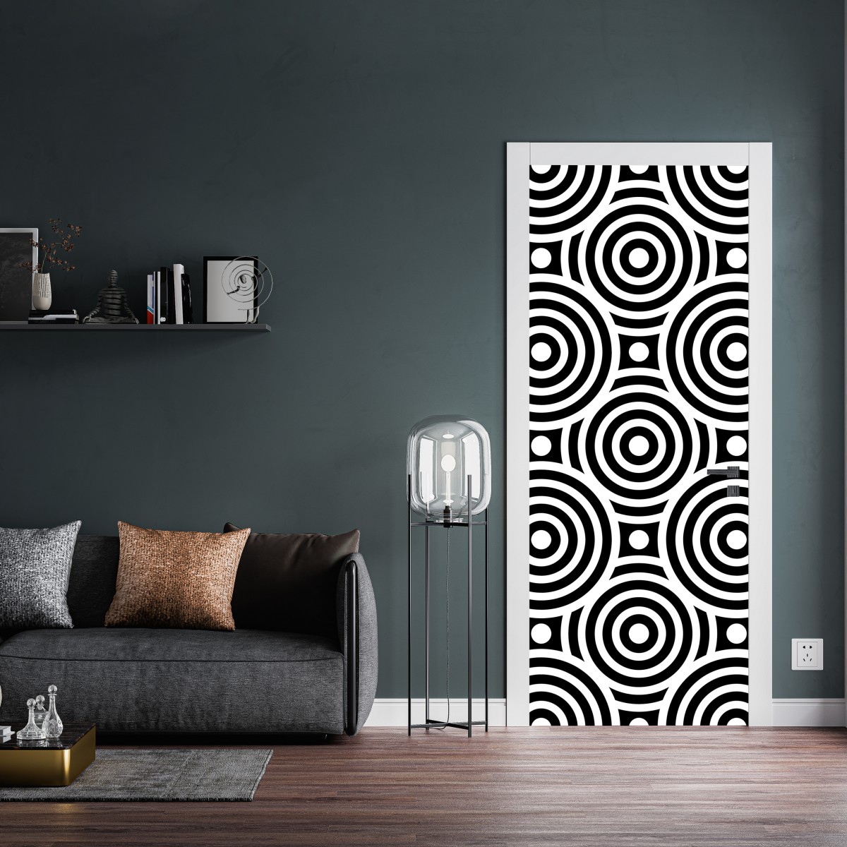 Naklejka na drzwi czarno-biały wzór koncentrycznych kół – Wallissimo® Naklejka na drzwi czarno-biały wzór koncentrycznych kół – Wallissimo®