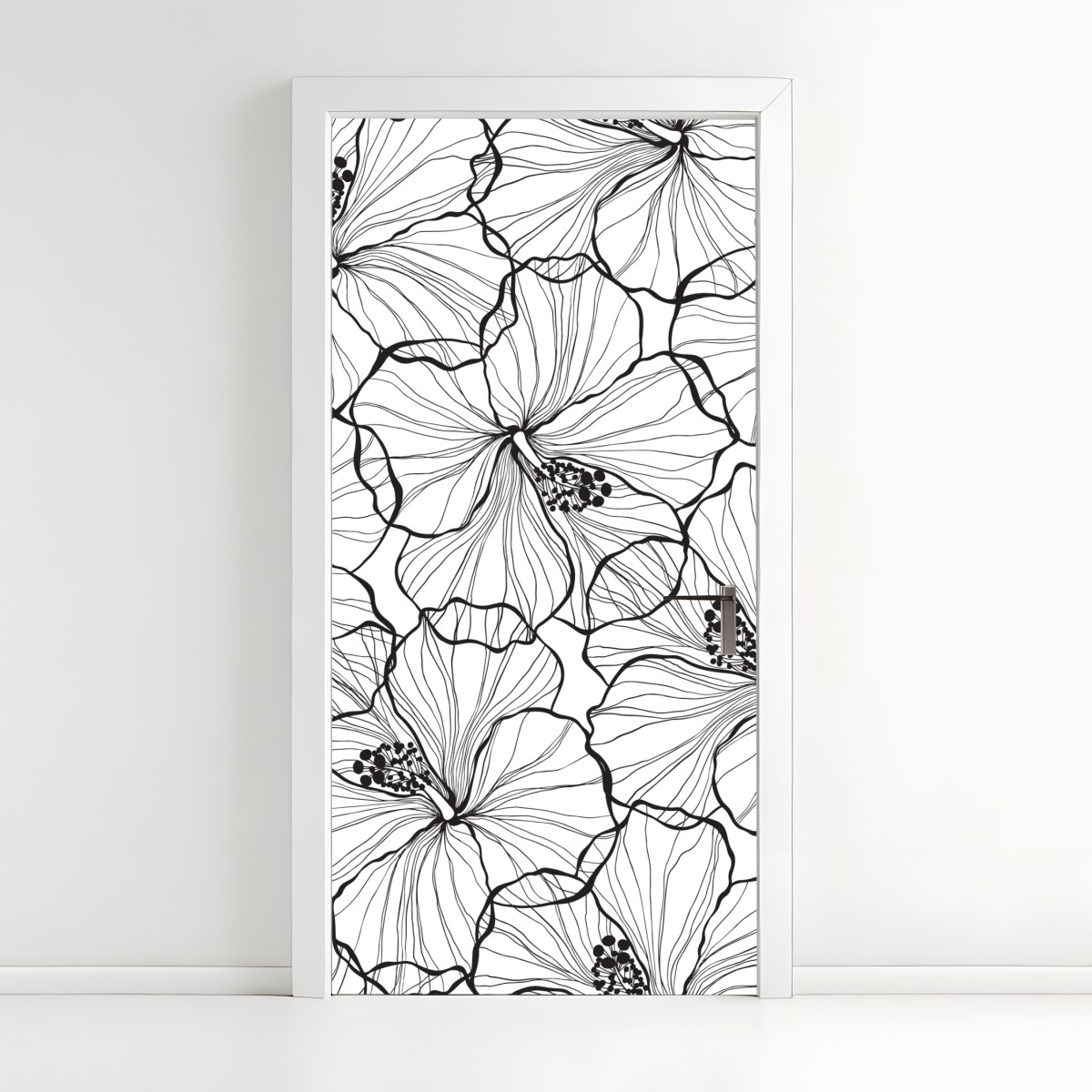 Door sticker black and white hibiscus line art pattern