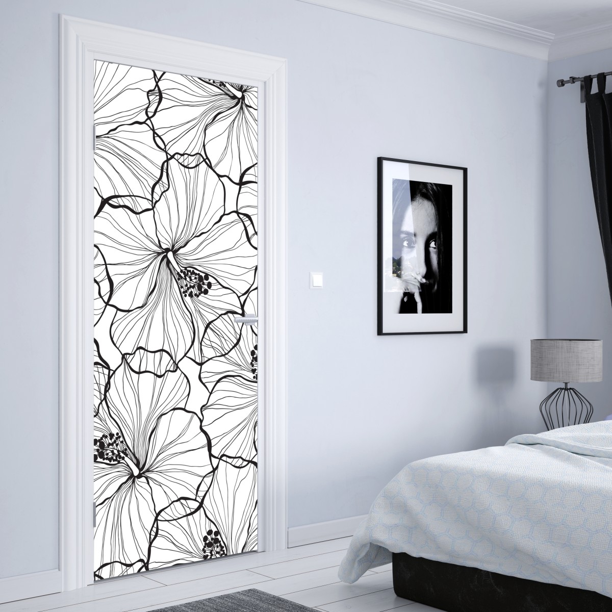 Naklejka na drzwi czarno-biały hibiskus w stylu line art – Wallissimo® Naklejka na drzwi czarno-biały hibiskus w stylu line art – Wallissimo®