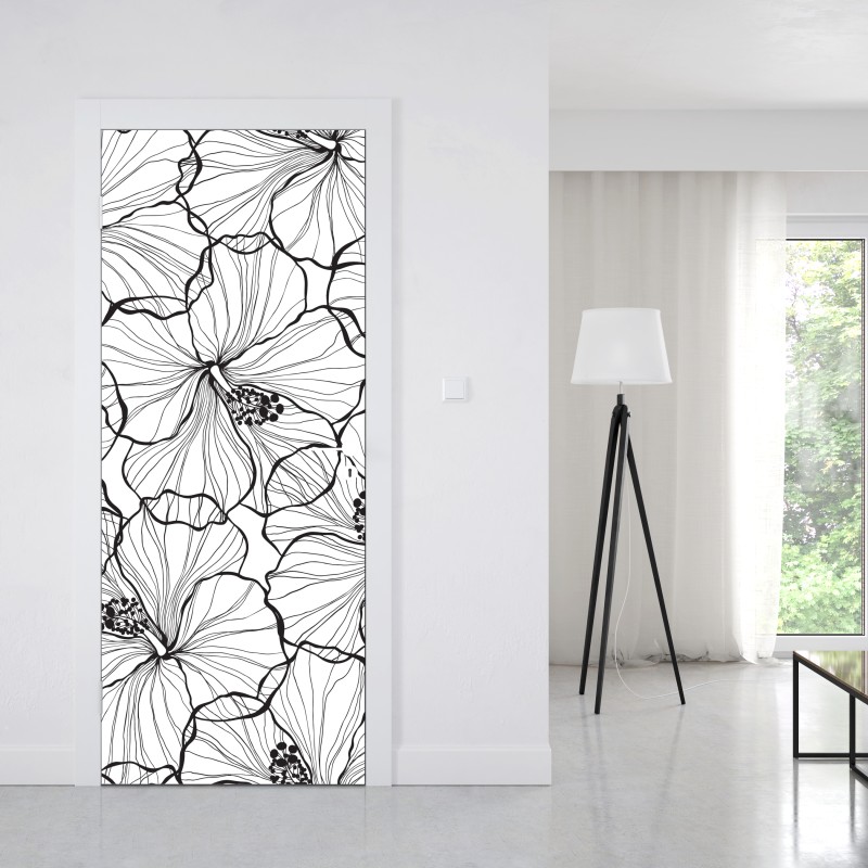 Naklejka na drzwi czarno-biały hibiskus w stylu line art – Wallissimo® Naklejka na drzwi czarno-biały hibiskus w stylu line art – Wallissimo®