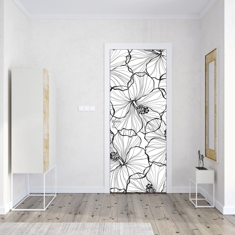 Naklejka na drzwi czarno-biały hibiskus w stylu line art – Wallissimo® Naklejka na drzwi czarno-biały hibiskus w stylu line art – Wallissimo®
