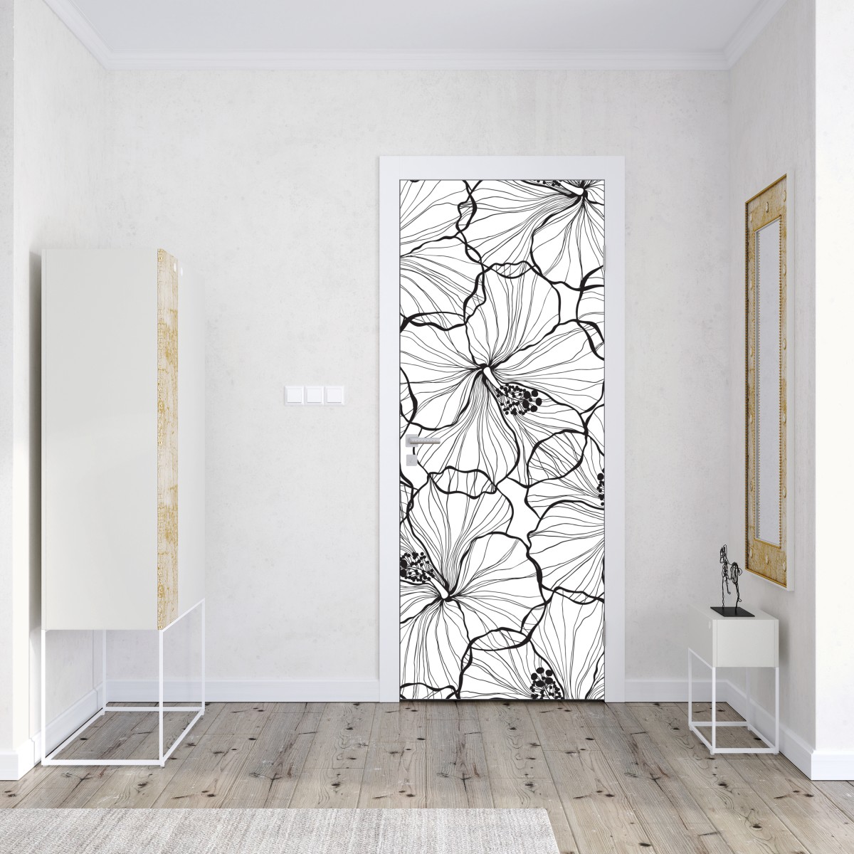 Naklejka na drzwi czarno-biały hibiskus w stylu line art – Wallissimo® Naklejka na drzwi czarno-biały hibiskus w stylu line art – Wallissimo®