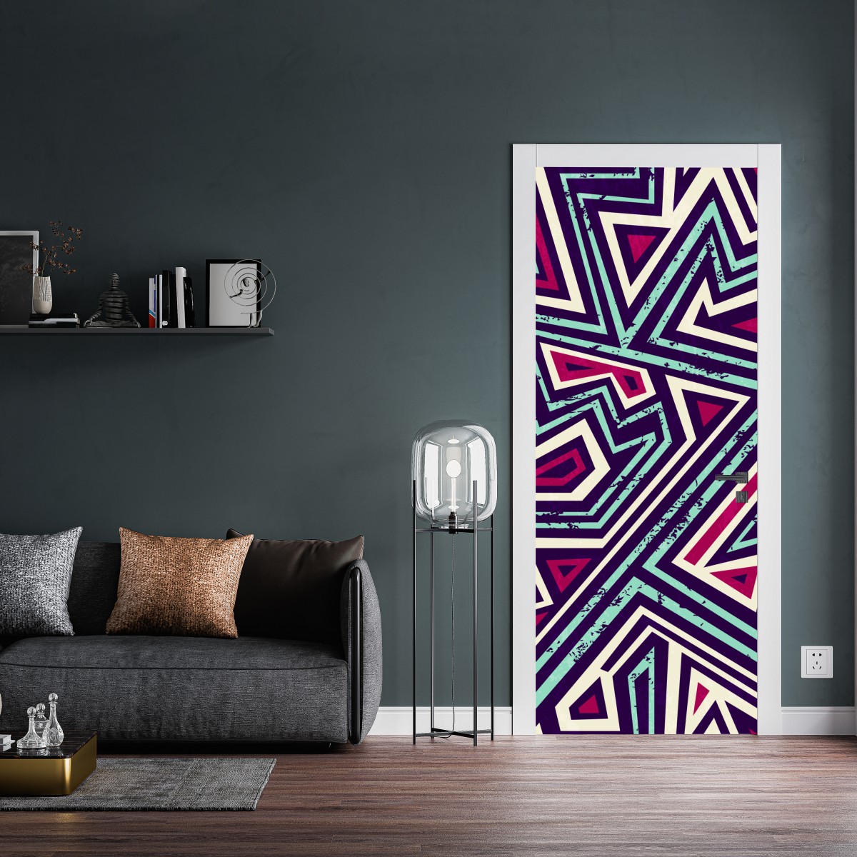 Naklejka na drzwi odważny geometryczny wzór z trójkątami – Wallissimo® Naklejka na drzwi odważny geometryczny wzór z trójkątami – Wallissimo®