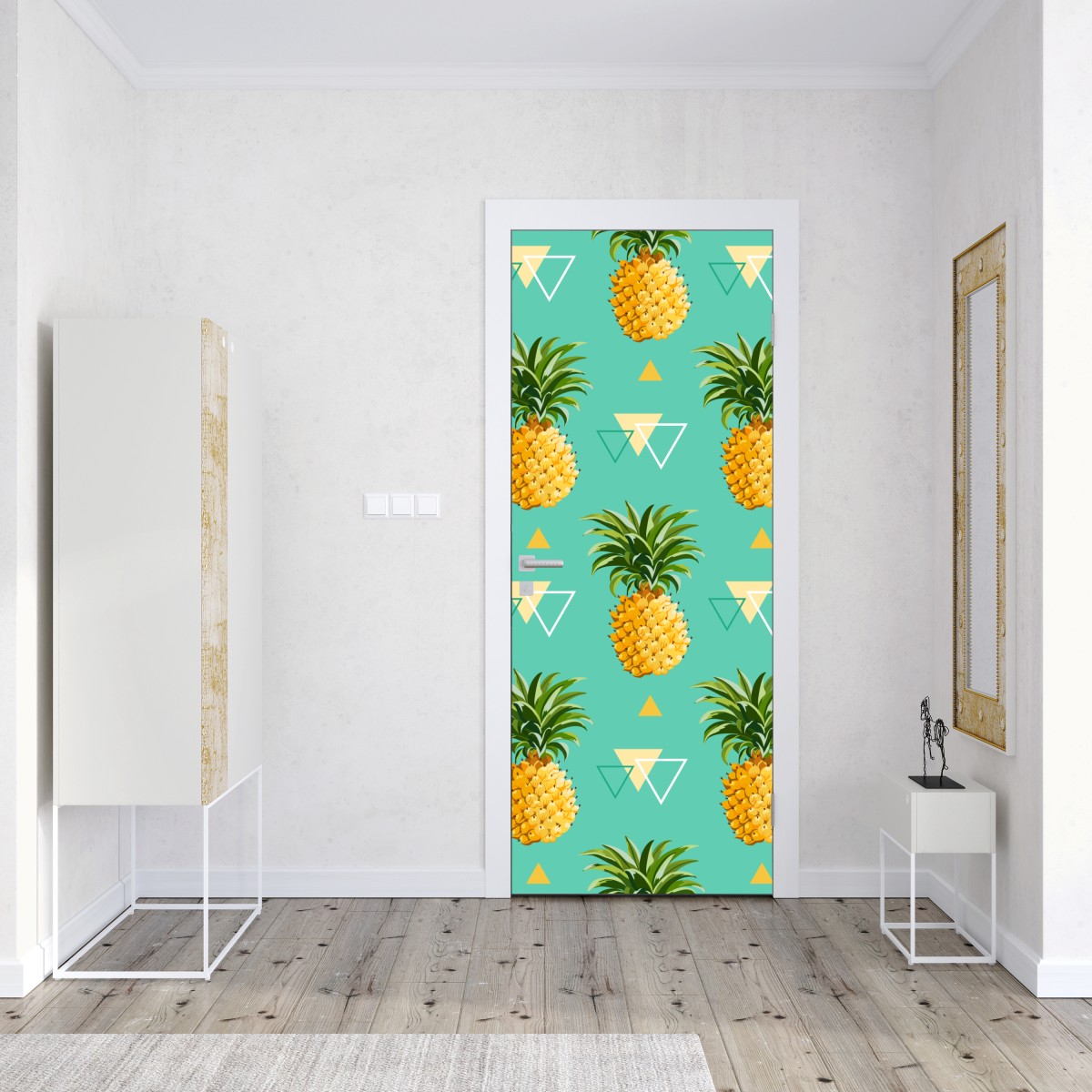 Naklejka na drzwi tropikalny wzór z ananasami na turkusowym tle – Wallissimo® Naklejka na drzwi tropikalny wzór z ananasami na turkusowym tle – Wallissimo®
