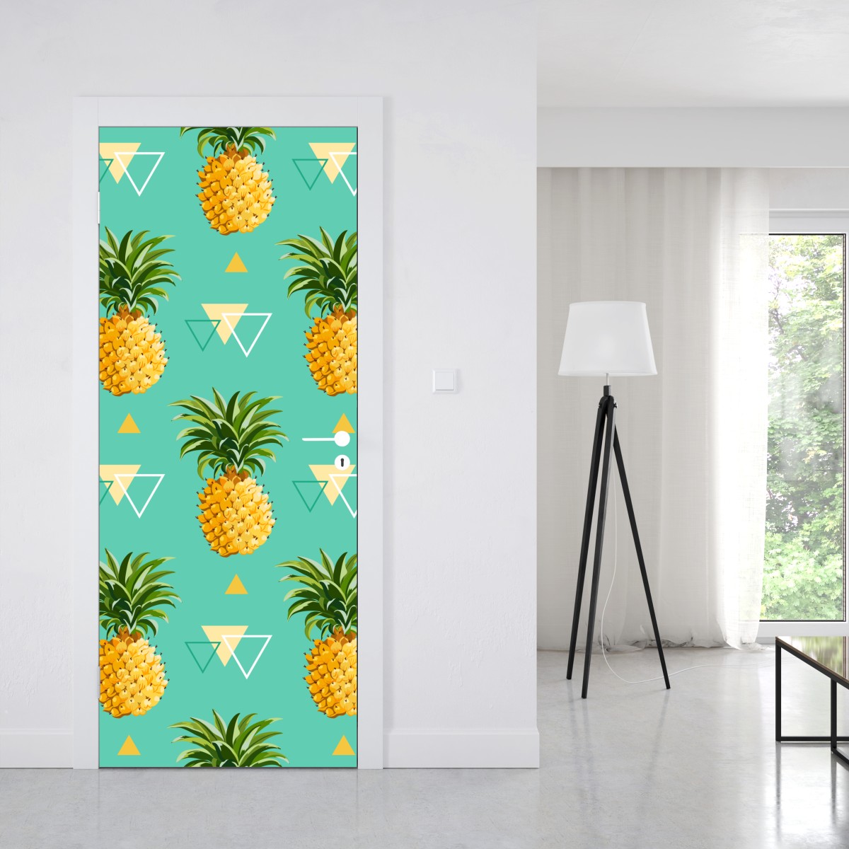 Naklejka na drzwi tropikalny wzór z ananasami na turkusowym tle – Wallissimo® Naklejka na drzwi tropikalny wzór z ananasami na turkusowym tle – Wallissimo®