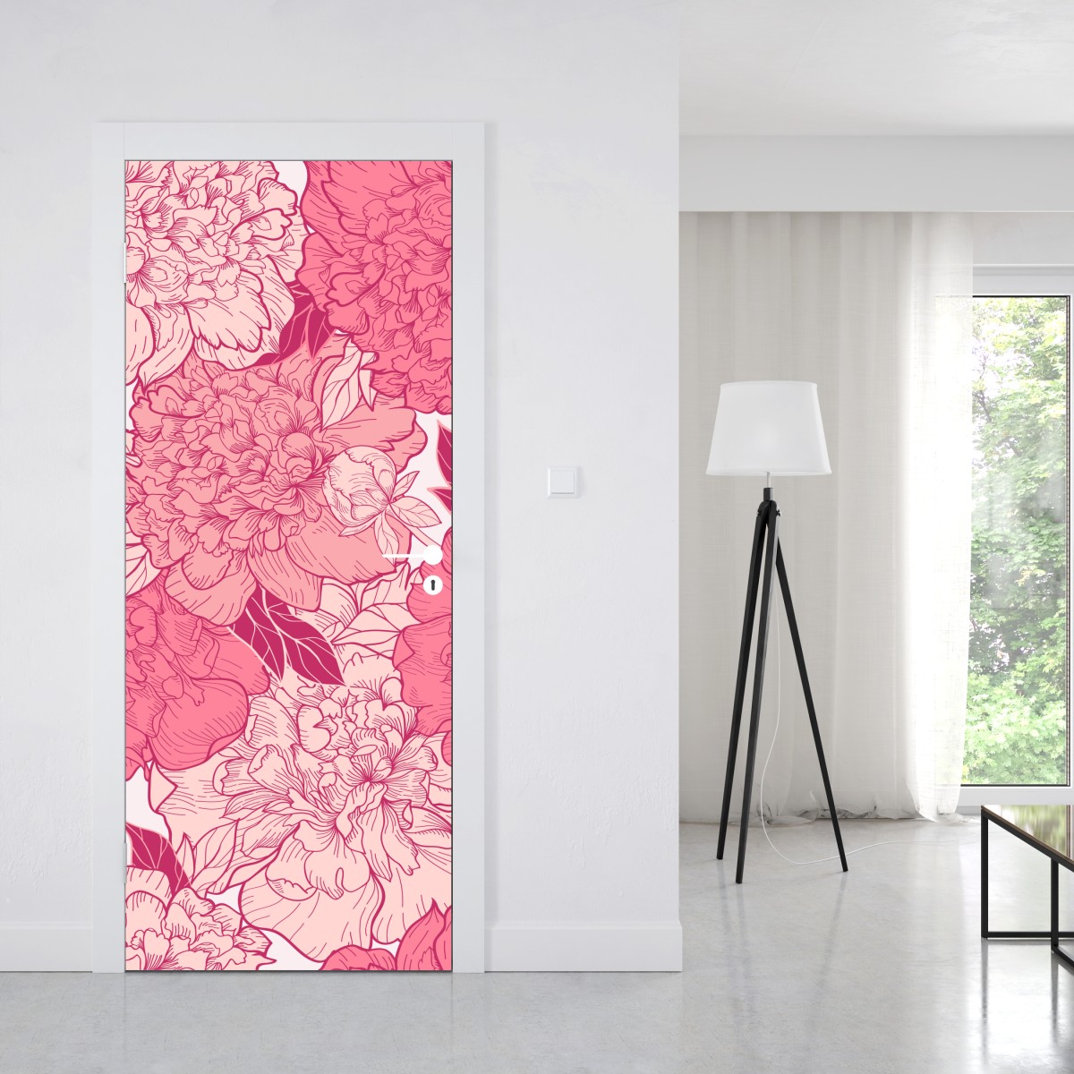 Naklejka na drzwi różowy wzór z piwoniami – Wallissimo® Naklejka na drzwi różowy wzór z piwoniami – Wallissimo®