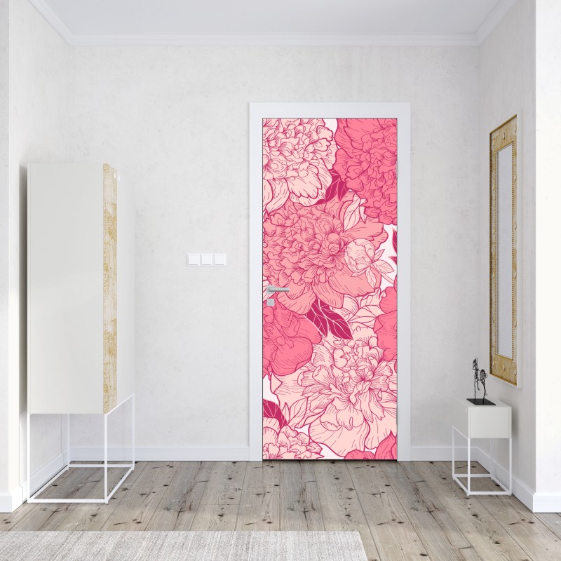 Naklejka na drzwi różowy wzór z piwoniami – Wallissimo® Naklejka na drzwi różowy wzór z piwoniami – Wallissimo®