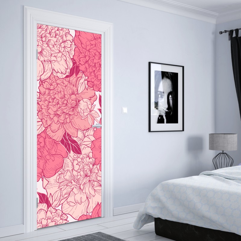 Naklejka na drzwi różowy wzór z piwoniami – Wallissimo® Naklejka na drzwi różowy wzór z piwoniami – Wallissimo®