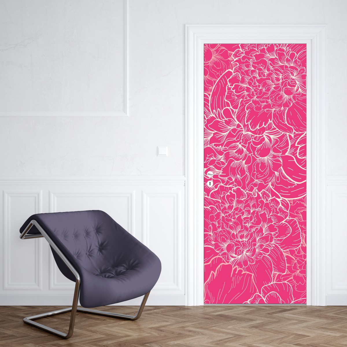 Naklejka na drzwi intensywny różowy wzór z peoniami – Wallissimo® Naklejka na drzwi intensywny różowy wzór z peoniami – Wallissimo®