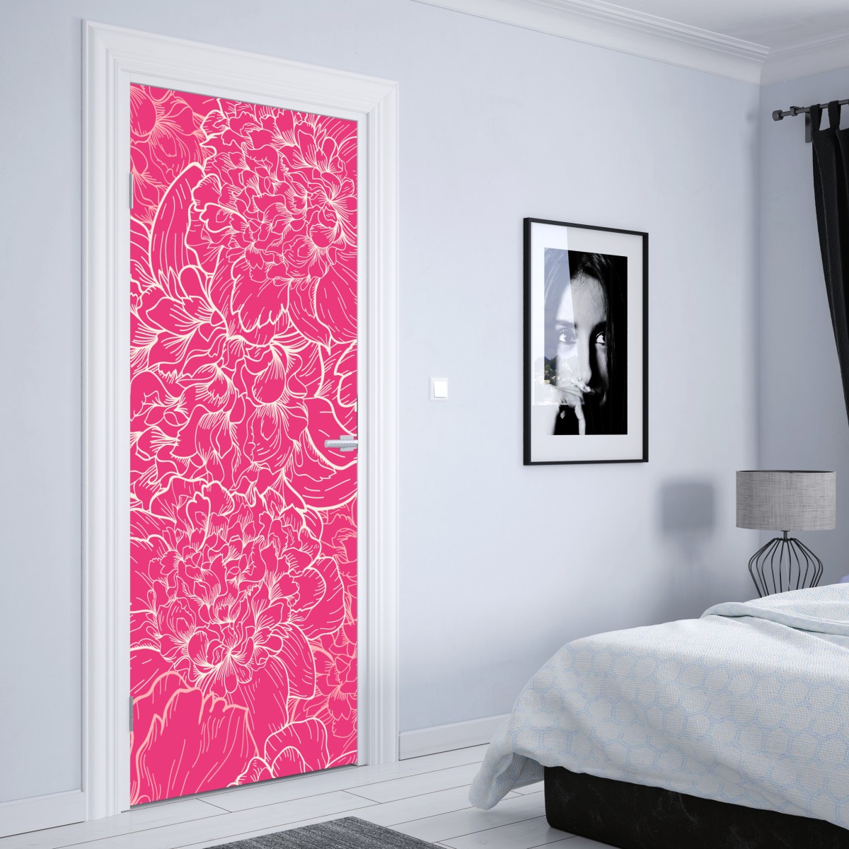 Naklejka na drzwi intensywny różowy wzór z peoniami – Wallissimo® Naklejka na drzwi intensywny różowy wzór z peoniami – Wallissimo®