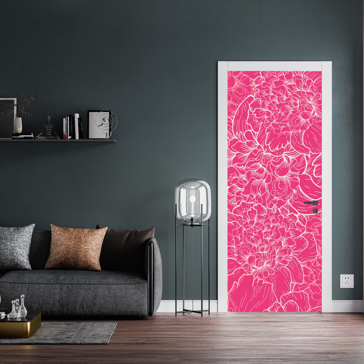 Naklejka na drzwi intensywny różowy wzór z peoniami – Wallissimo® Naklejka na drzwi intensywny różowy wzór z peoniami – Wallissimo®