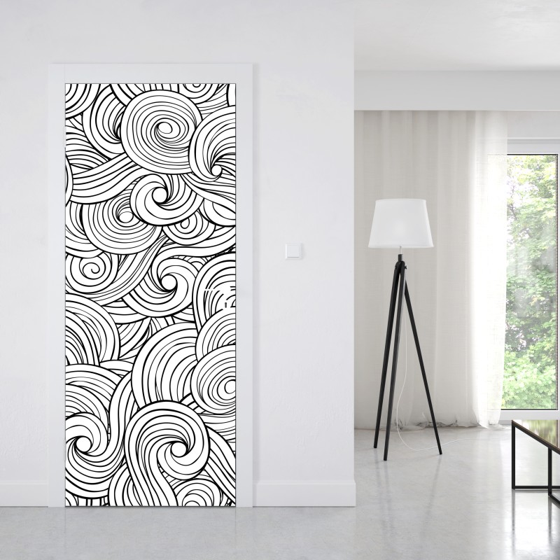 Naklejka na drzwi czarno-biały wzór ze spiralami – Wallissimo® Naklejka na drzwi czarno-biały wzór ze spiralami – Wallissimo®