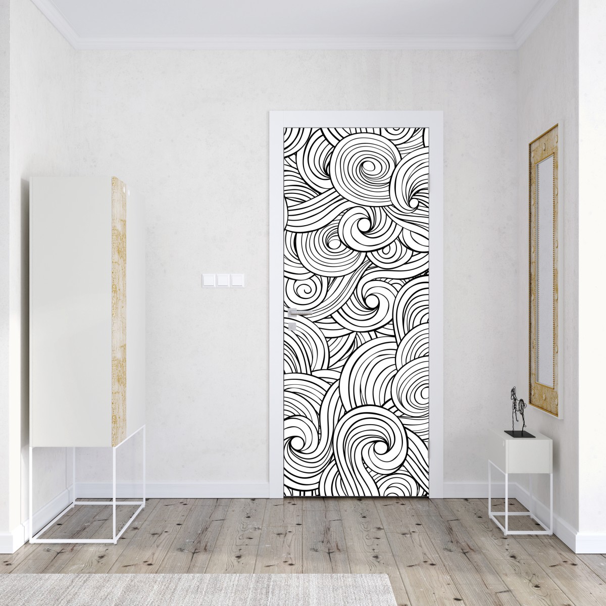 Naklejka na drzwi czarno-biały wzór ze spiralami – Wallissimo® Naklejka na drzwi czarno-biały wzór ze spiralami – Wallissimo®