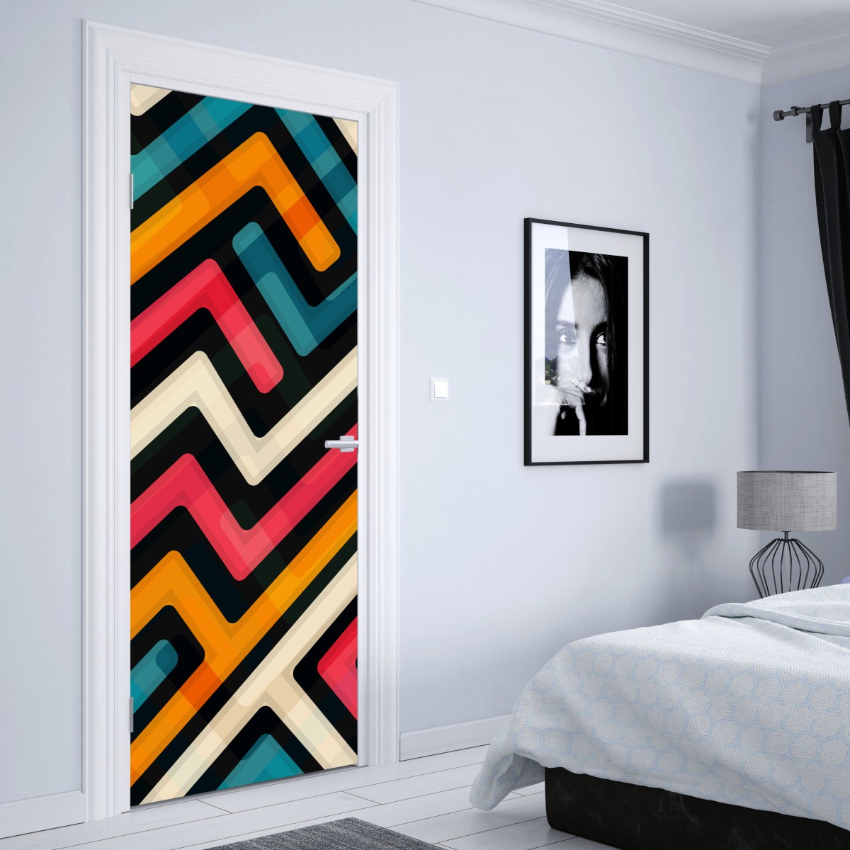 Naklejka na drzwi kolorowy geometryczny wzór labiryntu – Wallissimo® Naklejka na drzwi kolorowy geometryczny wzór labiryntu – Wallissimo®